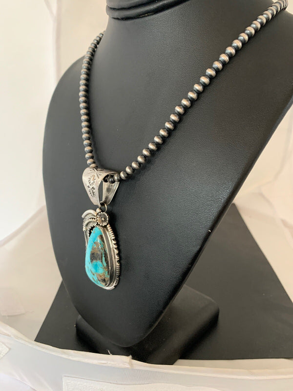 Men's Kingman Turquoise Pendant Navajo Pearls Necklace | Sterling Silver | Authentic Native American Handmade | 04301