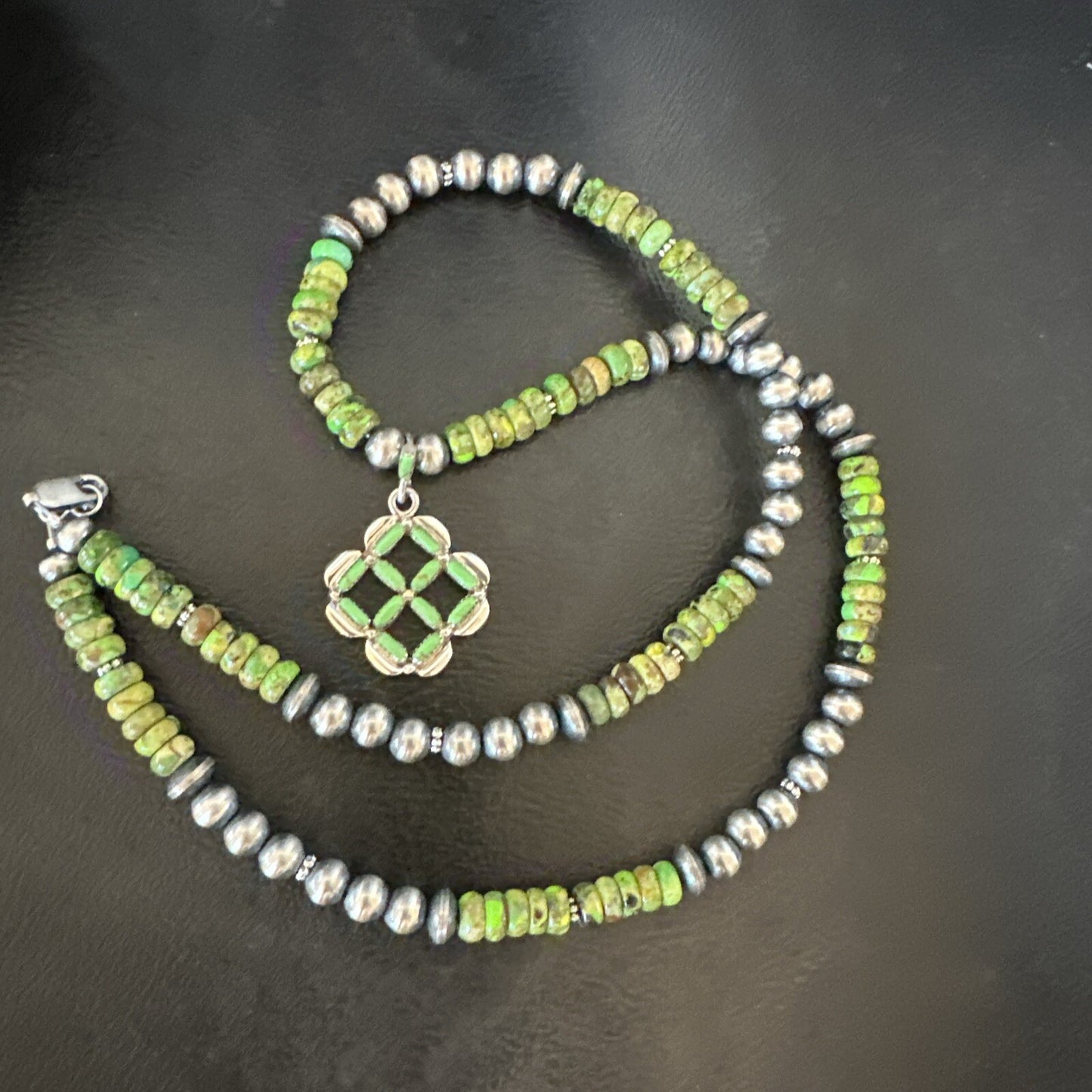 Womens Green Gaspeite Turquoise Pendant Navajo Sterling Silver Necklace 18370