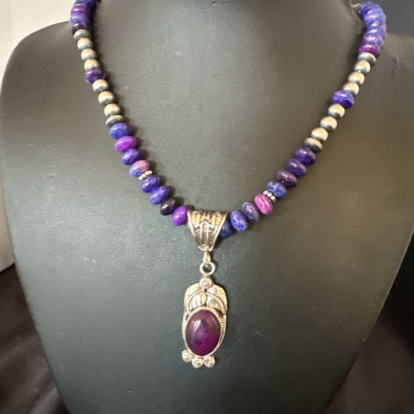 Purple Stone Pendant Navajo Pearls Necklace 21" | Sterling Silver | Authentic Native American Handmade | 18033