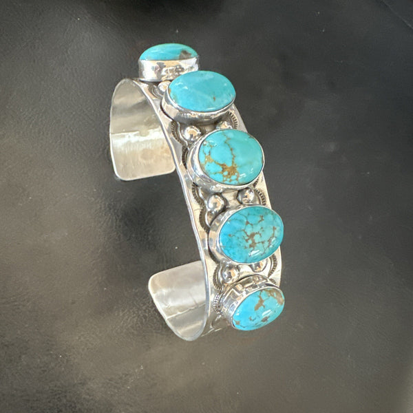 XL Blue Kingman Turquoise 5 Stone Navajo Cuff Bracelet | Sterling Silver | Authentic Native American Handmade | 18021