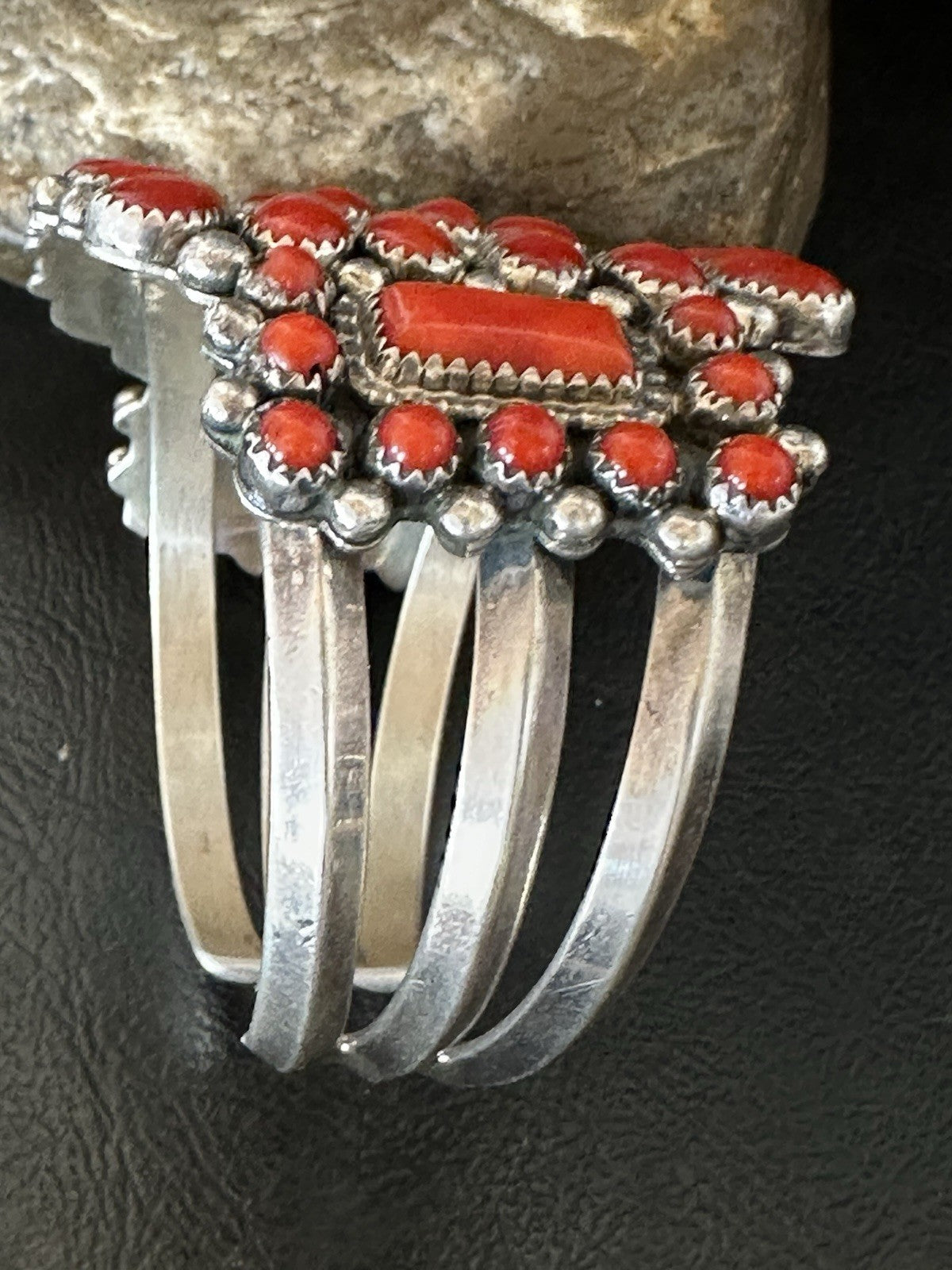 Mens Womens Red Coral Navajo Sterling Silver Cluster Cuff Bracelet 7.25" 19426