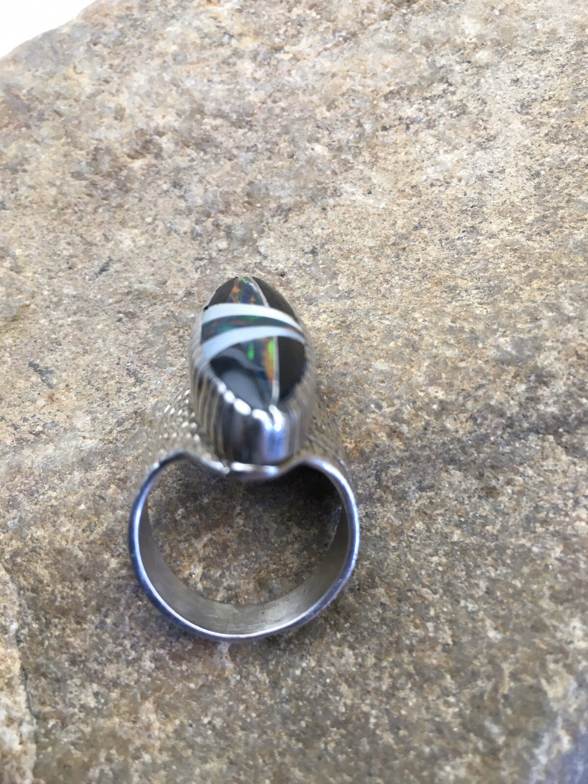 Mens Navajo Multicolor Opal Turquoise Inlay Sterling Silver Ring Size 8 01587N