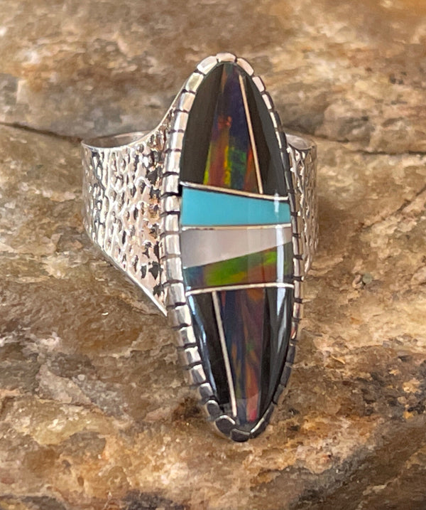 Navajo Multi-Color Opal Turquoise Inlay Ring Size 7 | Sterling Silver | Authentic Native American Handmade | 01584