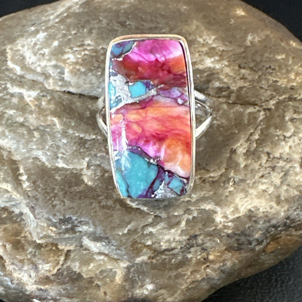 Blue Turquoise Spiny Oyster Navajo Ring Size 9 | Sterling Silver | Authentic Native American Handmade | 18222
