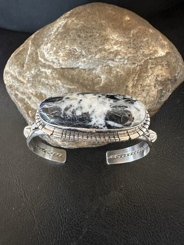White Buffalo Turquoise Navajo Cuff Bracelet 7" | Sterling Silver | Authentic Native American Handmade | 19392