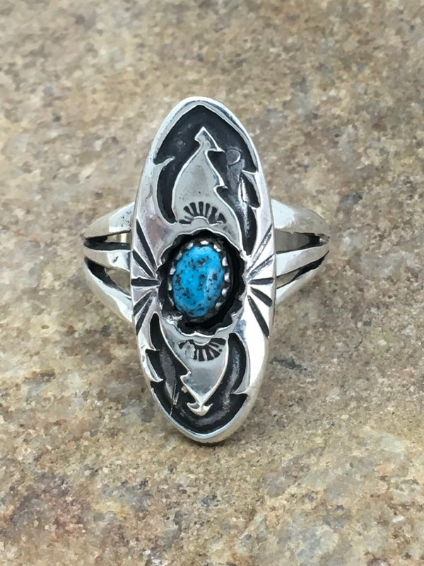 Old Pawn Shadow Box Navajo Kingman Turquoise Ring Set5.75 | Sterling Silver | Authentic Native American Handmade | 2625