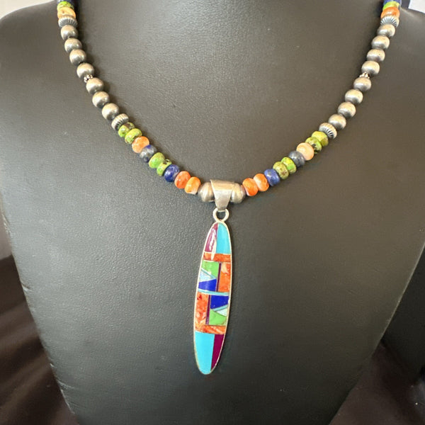 Turquoise Spiny Oyster Inlay Pendant Navajo Necklace 21" | Sterling Silver | Authentic Native American Handmade | 18822