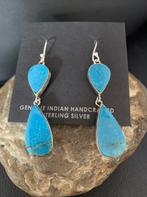 Blue Kingman Turquoise Navajo Dangle Earrings 1.5" | Sterling Silver | Authentic Native American Handmade | 14080