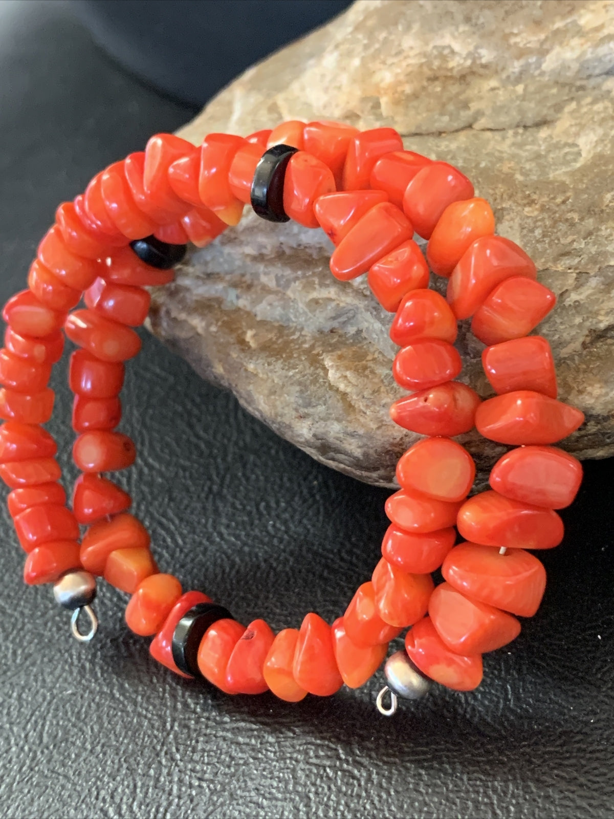 Memory wire Stainless Steel Coral Onyx Bead Bracelet Sterling Silver 01955