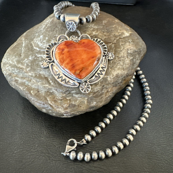 H Joe Orange Spiny Oyster Heart Pendant Navajo Necklace | Sterling Silver | Authentic Native American Handmade | 19482