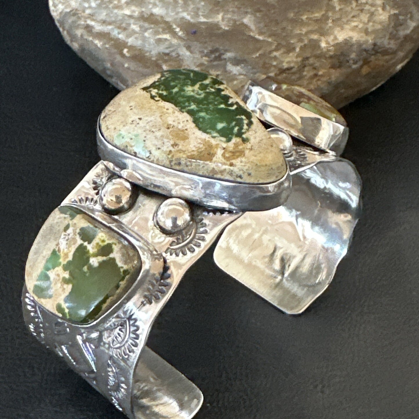 Navajo Green Royston TURQUOISE Stamped Sterling Silver Cuff Bracelet 18975