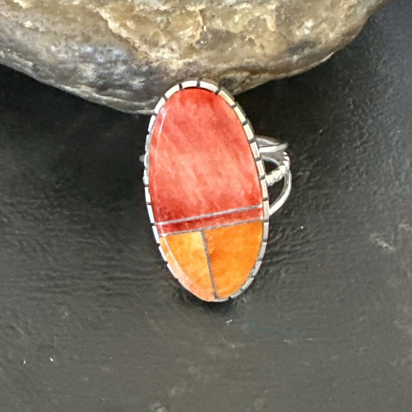 Women Orange Red Spiny Oyster Navajo Sterling Silver Ring Sz 8.5 17798