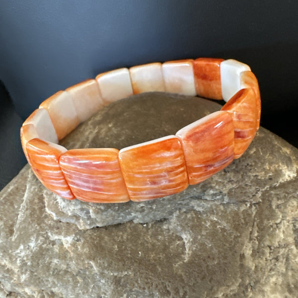 Men's Women's Orange Spiny Oyster Stretch Bracelet 7" | Sterling Silver | Authentic Native American Handmade | 18860