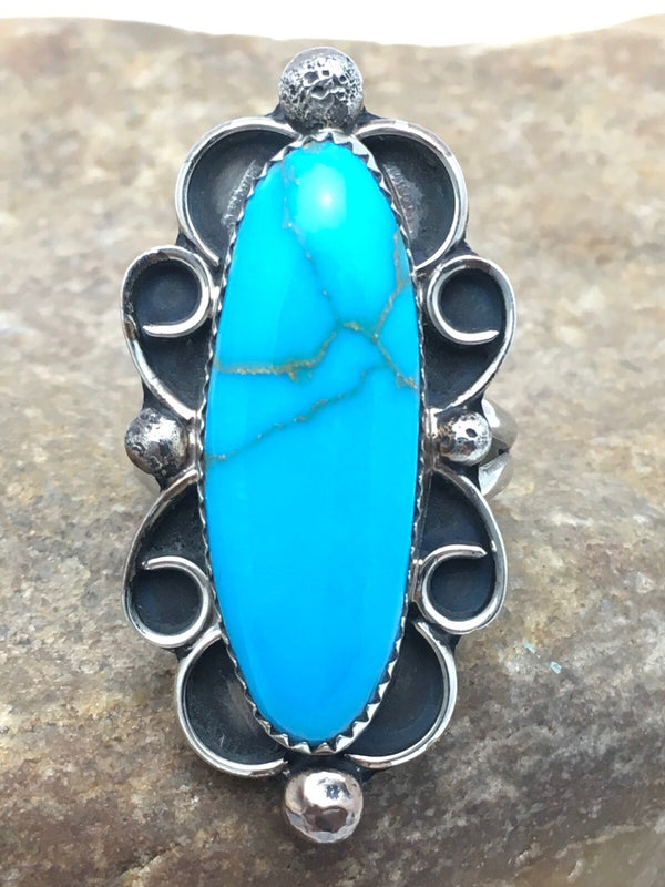 Men's Blue Turquoise Navajo Ring Size 10.5 | Sterling Silver | Authentic Native American Handmade | 04055