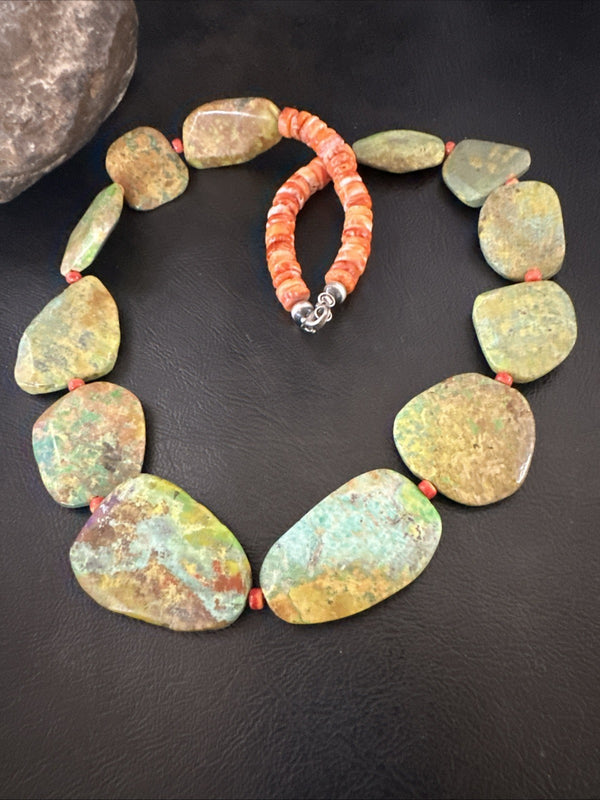 Green Turquoise Orange Spiny Navajo Necklace | Sterling Silver | Authentic Native American Handmade | 19317