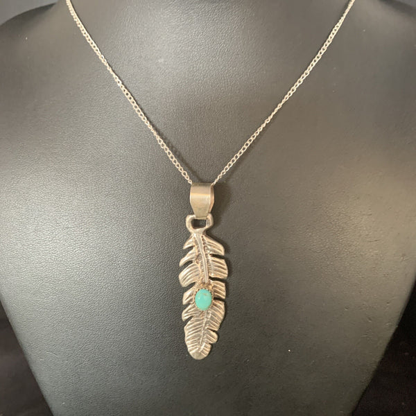 Women's Navajo Blue Turquoise 16"Necklace Feather Pendant | Sterling Silver | Authentic Native American Handmade | 13686