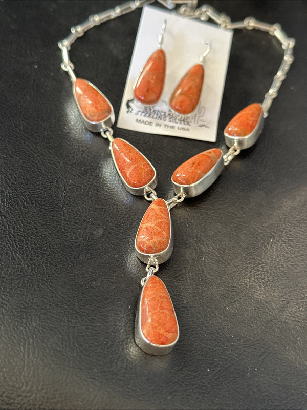 Women Apple Coral Lariat Necklace Pendant Earrings 16" | Sterling Silver | Authentic Native American Handmade | 18409