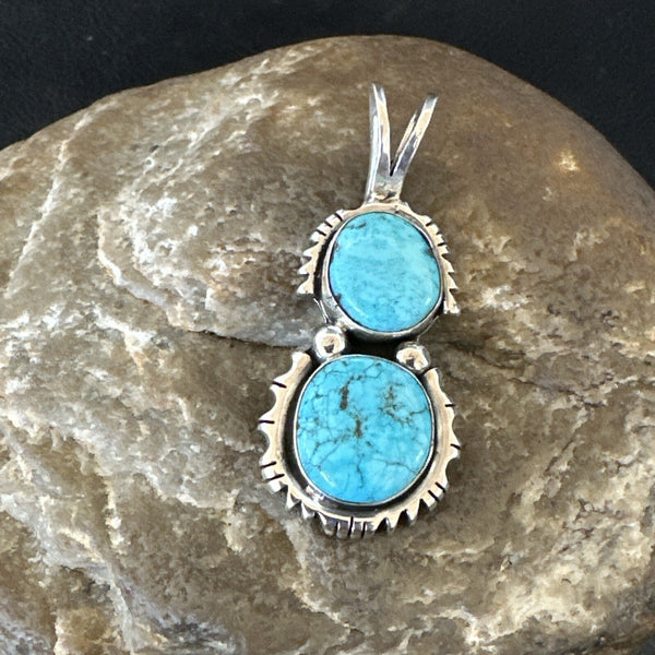 Blue Turquoise 2 Stone Navajo Cluster Pendant Only | Sterling Silver | Authentic Native American Handmade | 18350