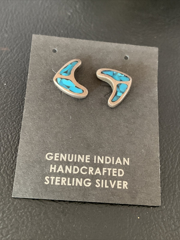 Women's Chip Inlay Earrings Navajo Blue Turquoise Stud 0.5" | Sterling Silver | Authentic Native American Handmade | 13111