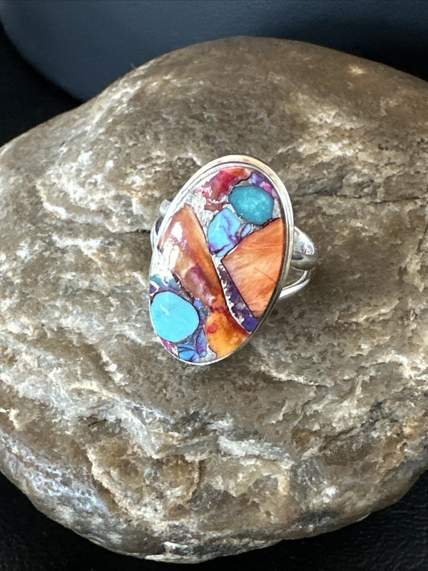 Turquoise Spiny Oyster Navajo Ring Size 8 | Sterling Silver | Authentic Native American Handmade | 18213