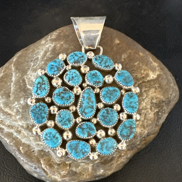 Cluster Kingman Turquoise Navajo Necklace Pendant 2.75" | Sterling Silver | Authentic Native American Handmade | 19082