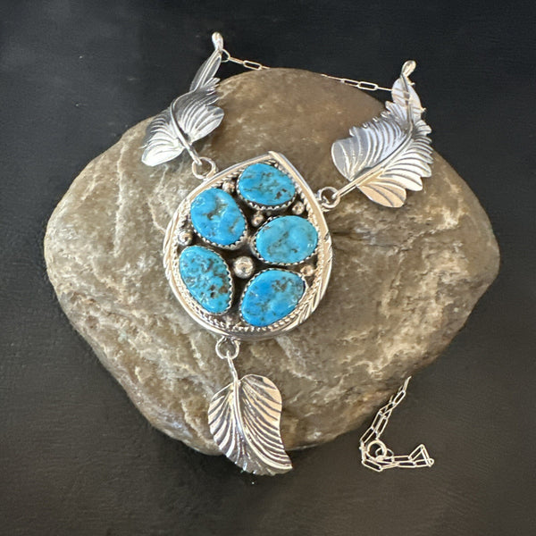 Blue Kingman Turquoise Navajo Cluster Pendant | Sterling Silver | Authentic Native American Handmade | 18575