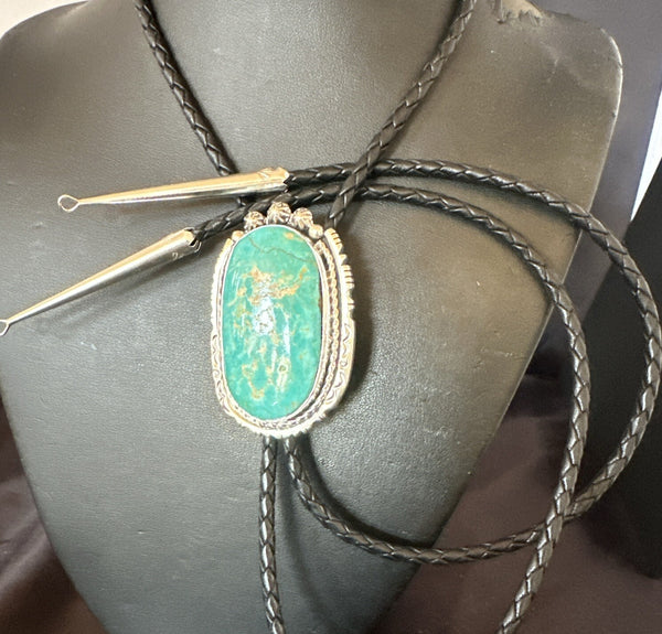 Navajo Bolo Tie Yazzie Blue Green Turquoise | Sterling Silver | Authentic Native American Handmade | 18007