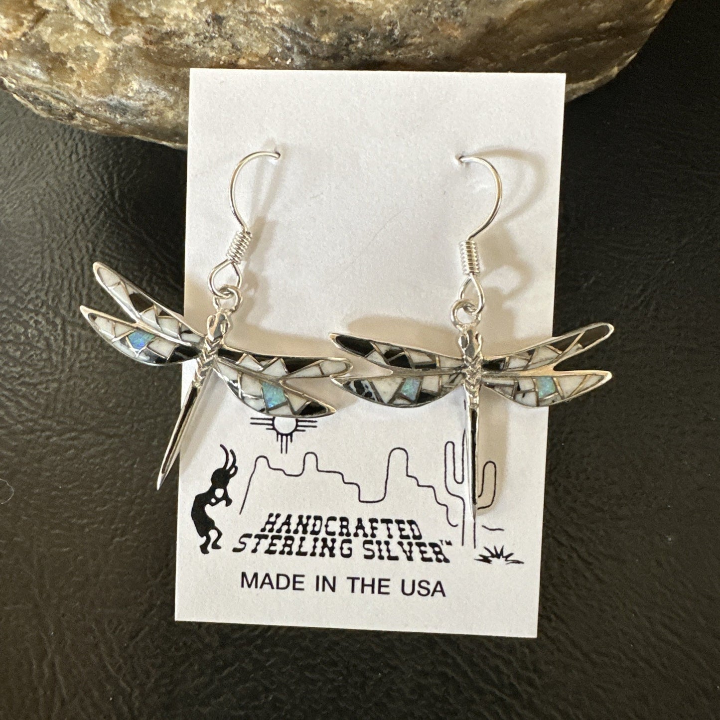 White Buffalo Turquoise Onyx Opal Navajo Sterling Silver Inlay Earrings 1" 18548