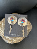 Blue Turquoise Spiny Oyster Navajo Inlay Earrings 2" | Sterling Silver | Authentic Native American Handmade | 14762