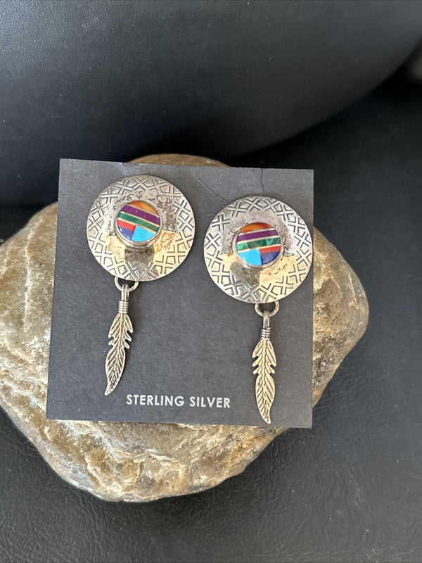 Blue Turquoise Spiny Oyster Navajo Inlay Earrings 2" | Sterling Silver | Authentic Native American Handmade | 14762