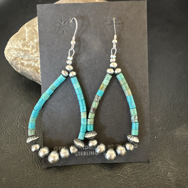 Blue Turquoise Heishi Beads Navajo Beads Earrings 2" | Sterling Silver | Authentic Native American Handmade | 17873