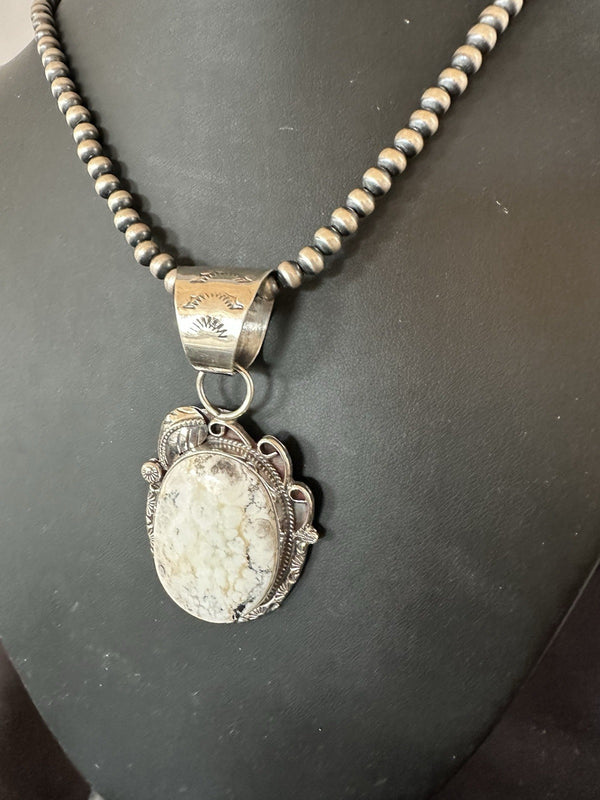 White Buffalo Turquoise Pendant Navajo Pearls Necklace | Sterling Silver | Authentic Native American Handmade | 19377