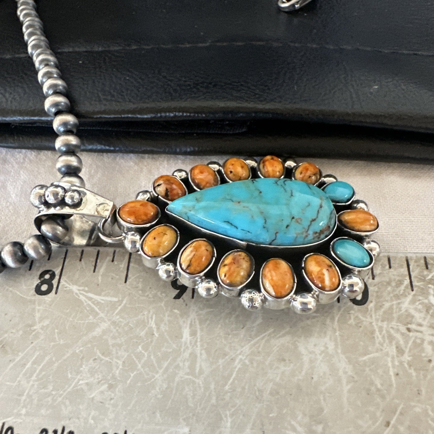 Multicolor Turquoise Spiny Navajo Sterling Silver Cluster Pendant Necklace 19559