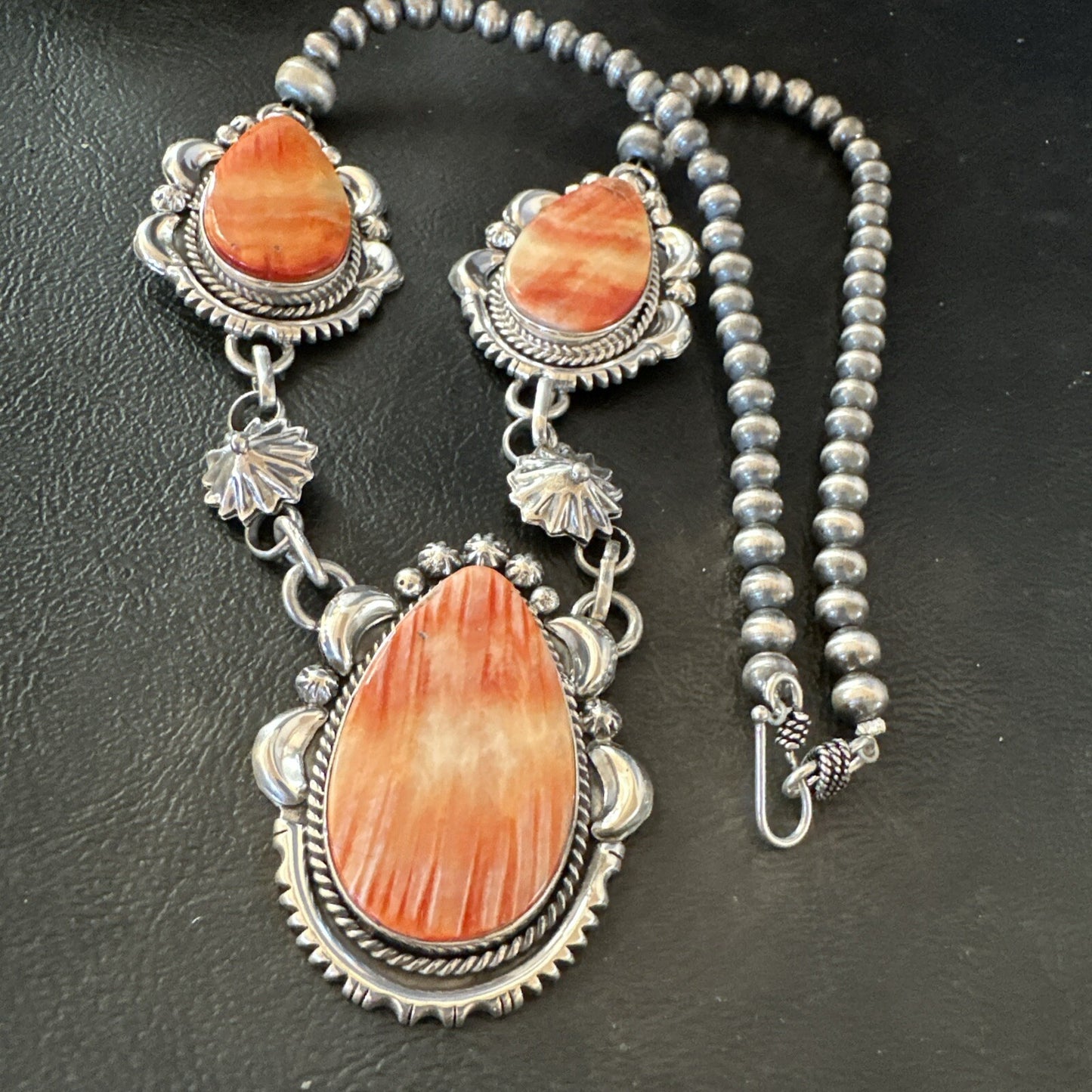 Orange Spiny Oyster Pendant Navajo Sterling Silver Lariat Necklace 21" 18628