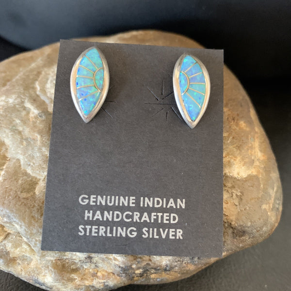 Women's Blue Opal Inlay Navajo Post Earrings | Sterling Silver | Authentic Native American Handmade | 12779