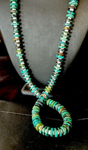 Navajo Turquoise Shell Heishi Bead Necklace 32" | Sterling Silver | Authentic Native American Handmade | 15529