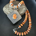 H Joe Orange Spiny Oyster Pendant Navajo Necklace | Sterling Silver | Authentic Native American Handmade | 19481