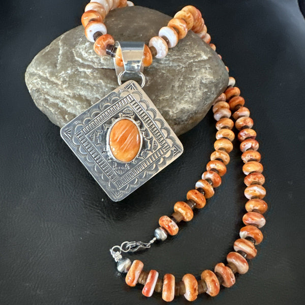 H Joe Orange Spiny Oyster Pendant Navajo Necklace | Sterling Silver | Authentic Native American Handmade | 19481