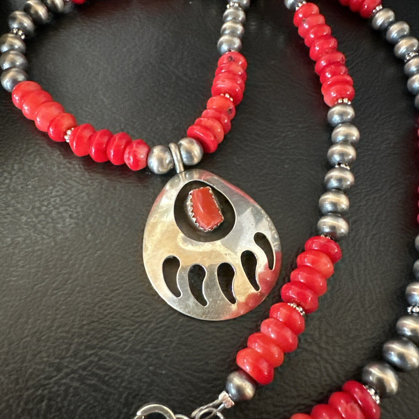 Red Coral BearPaw Inlay Pendant Navajo Pearls Sterling Silver Necklace 21" 18058