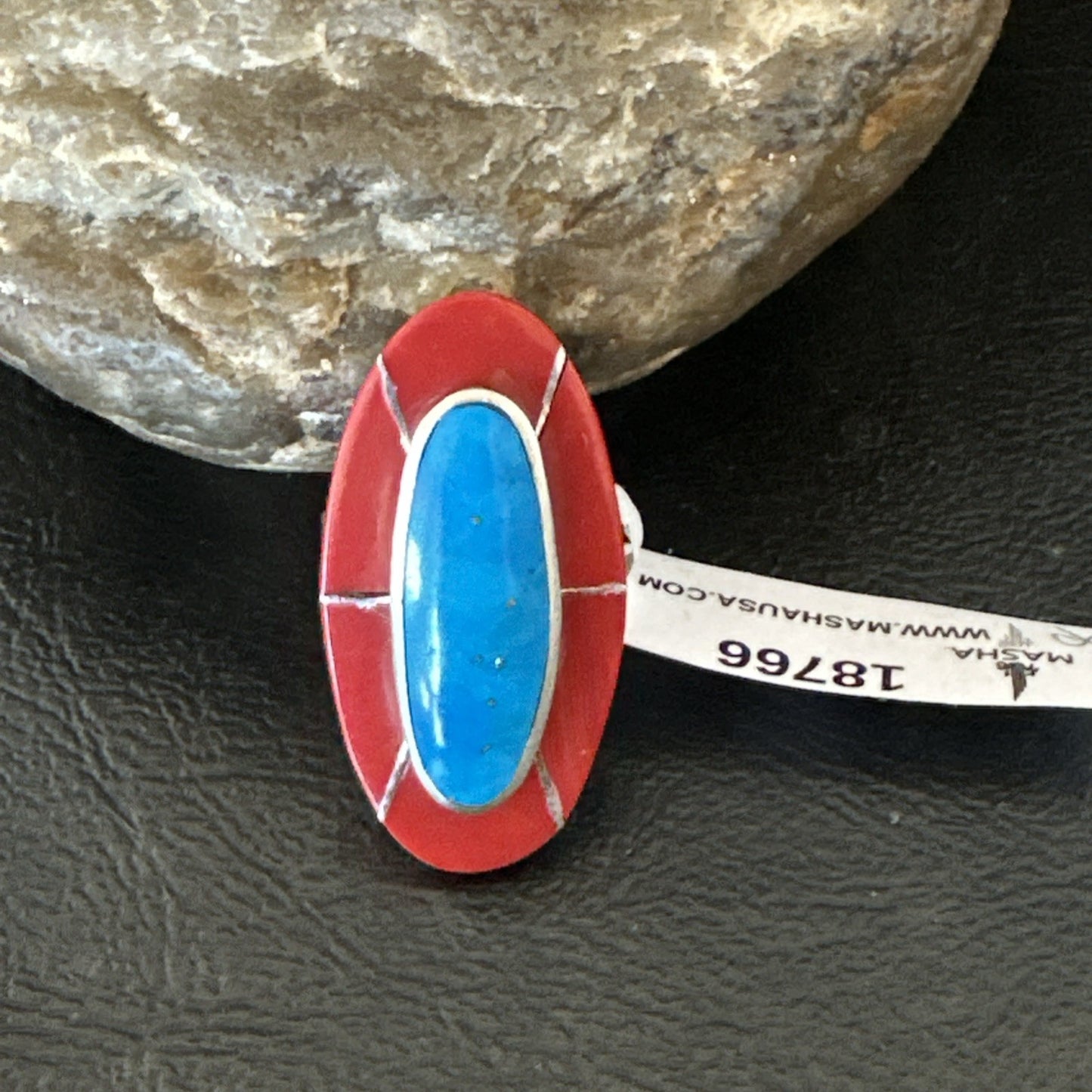 Blue Turquoise Coral Navajo Sterling Silver Ring Size 7.5 18766
