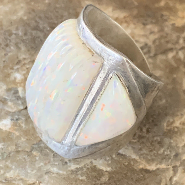 White Opal Navajo Inlay Ring Size 8 | Sterling Silver | Authentic Native American Handmade | 18922