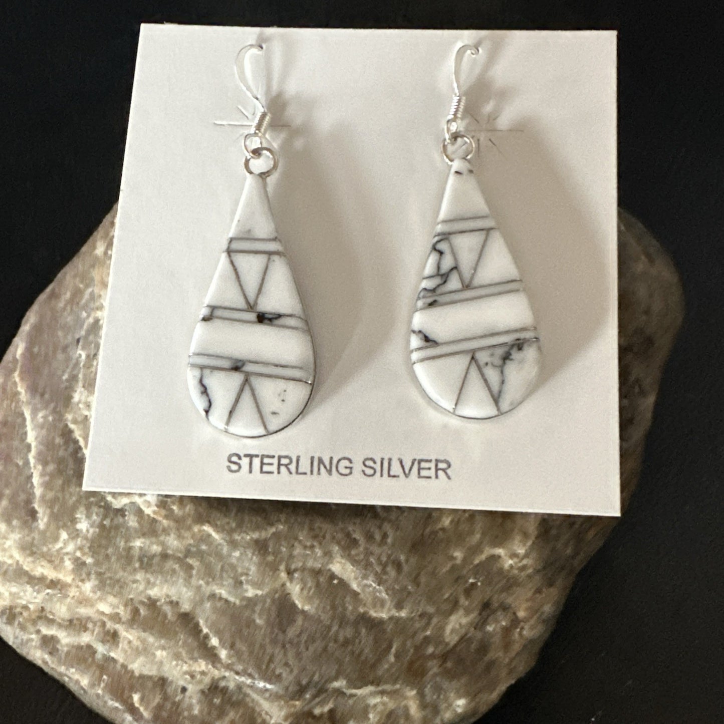 White Howlite Dangle Inlay Navajo Sterling Silver Earrings 19264