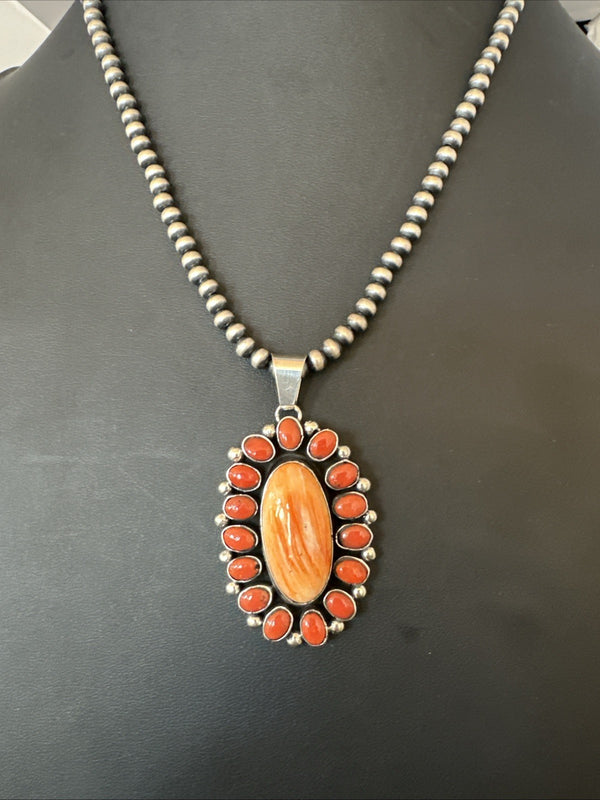 Red Coral Orange Spiny Navajo Cluster Pendant Necklace | Sterling Silver | Authentic Native American Handmade | 19565