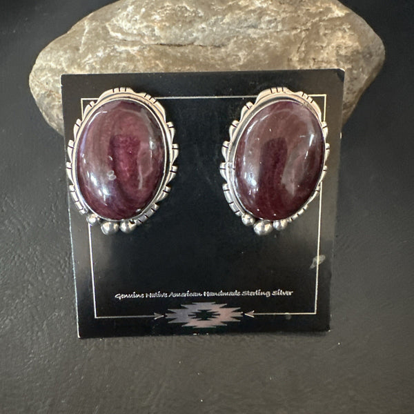 Purple Spiny Oyster Navajo Stud Post Earrings 1" | Sterling Silver | Authentic Native American Handmade | 18740