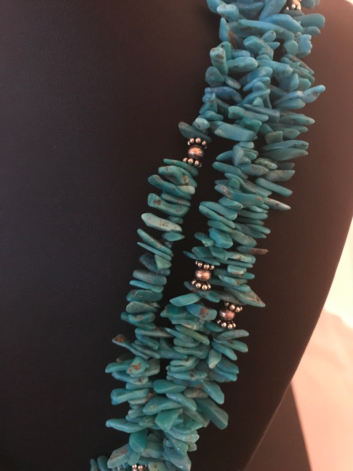 Turquoise Nugget Bead 3 Strand Stabilized Navajo Sterling Necklace 08100