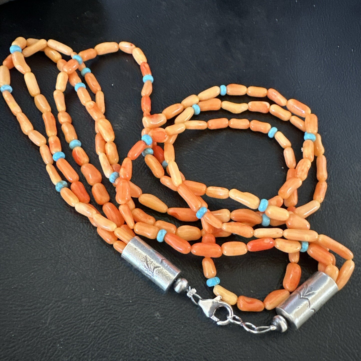 Native Turquoise Orange Coral Sterling Silver 3 Strand Necklace 21" 17818