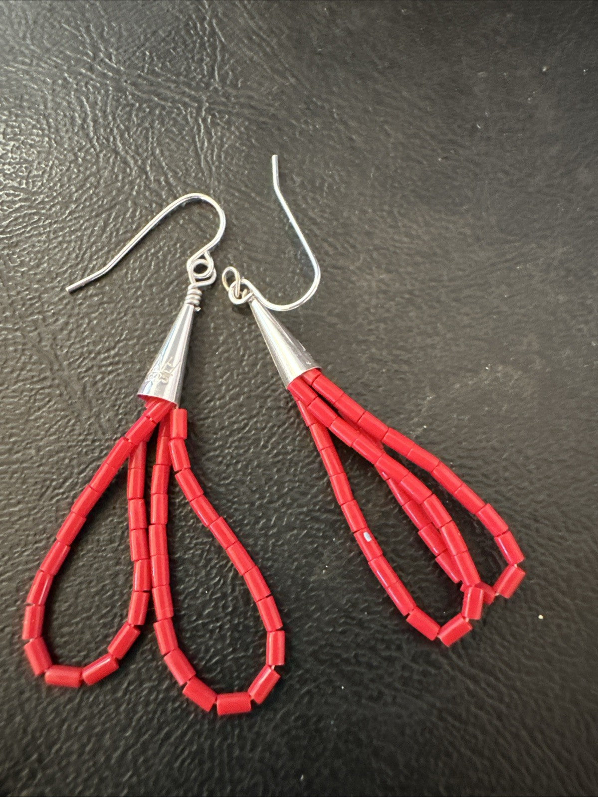 Native Red Coral Heishi Tube Liquid Sterling Silver Dangle Earrings 2" 4399