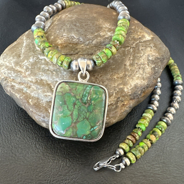 Women's Green Gaspeite Turquoise Pendant Navajo Necklace | Sterling Silver | Authentic Native American Handmade | 18368