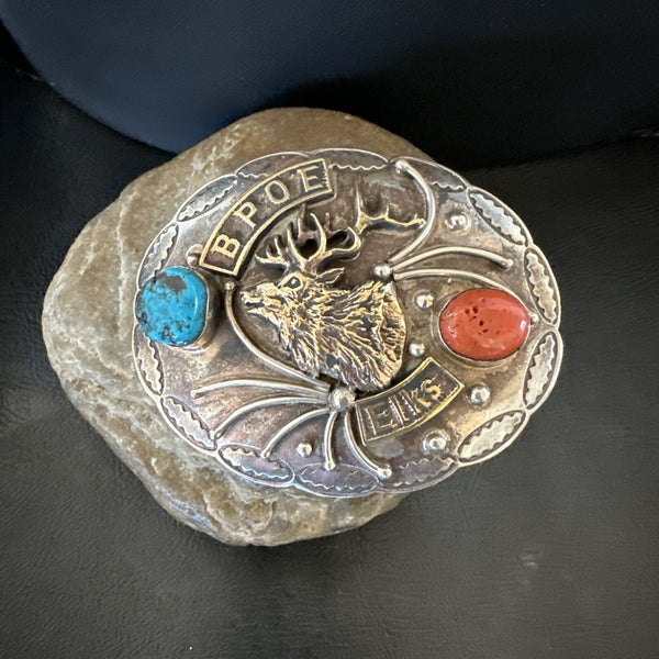 Elk Blue Turquoise Coral Navajo Sterling Silver Concho Belt Buckle 17972