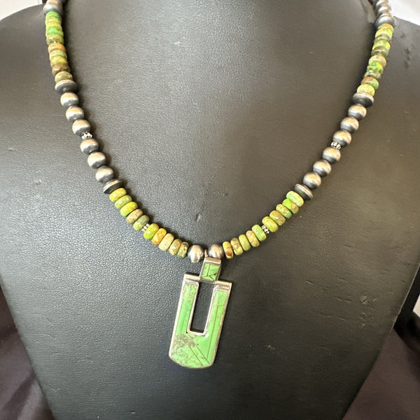 Women's Green Gaspeite Turquoise Pendant Navajo Necklace | Sterling Silver | Authentic Native American Handmade | 18367